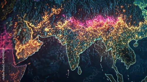 Abstract map of Asia with glowing city lights