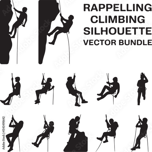 Climber Rappelling Down Cliff Silhouette

Extreme Rappelling Action Vector Scene

Mountain Rappelling Gear Silhouette Design

Rappeller Hanging on Rock Face Vector Art

Vertical Descent Adventure Silh