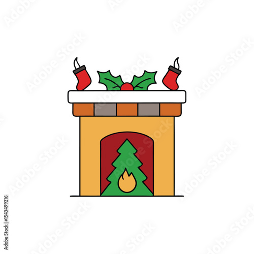 fireplace with burning logs  green garland and sto