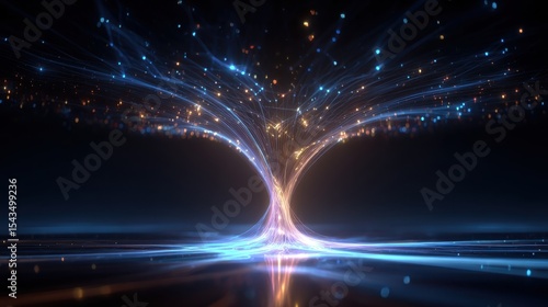 Glowing digital funnel of data nodes in blue void with neon lighting and circuit connections