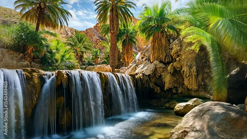 Lush waterfall cascading through a desert oasis