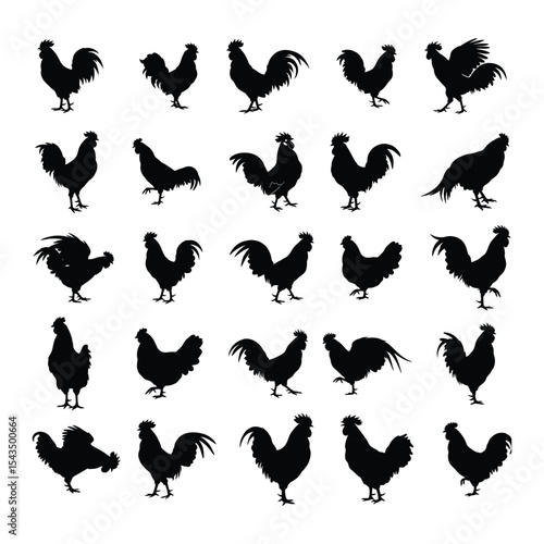 Rooster Silhouette Vector Collection – Chicken Farm Animal Clipart Set .