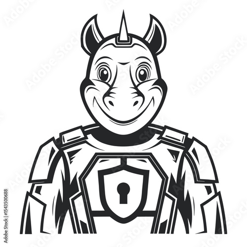Monochrome illustration of a unicorn mascot wearing armor with a lock shield, showcasing security and resilience in a stylish, vintage design.        