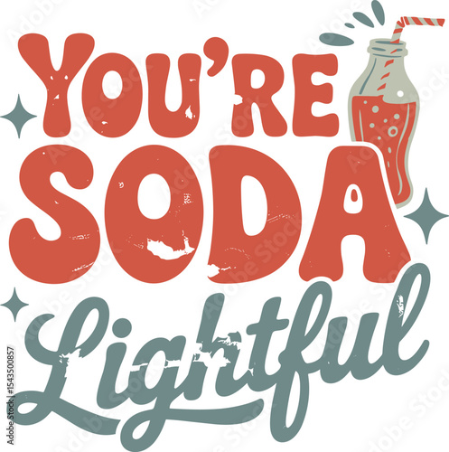Soda bottle pun vector. Vintage style with red drink and straw. Funny cartoon doodle design.