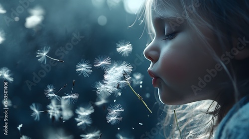 Child blowing dandelion seeds.