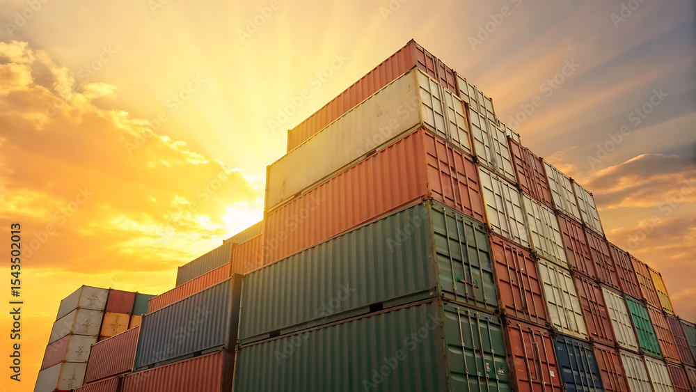 Fototapeta premium Sunset over stacked shipping containers at the port