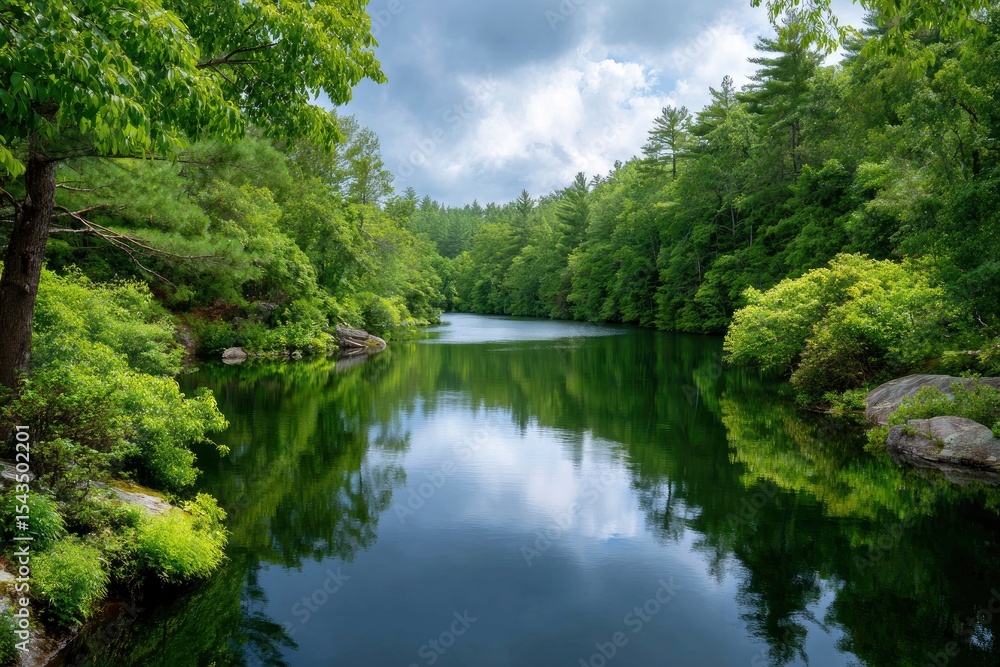 A calm river reflects dense trees under a cloudy sky A calm river reflects dense trees under a cloudy sky