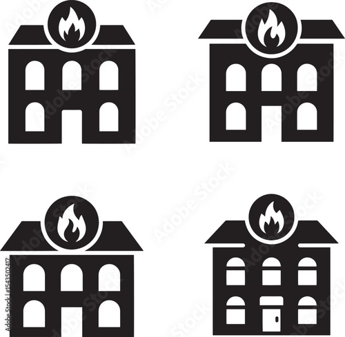 Four Black and White Fire Station Building Icons