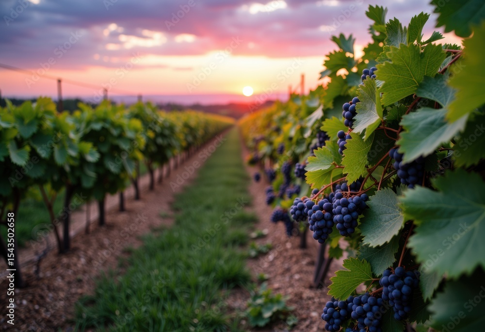 Fototapeta premium Lush vineyard at sunset with ripe grapes hanging from the vines