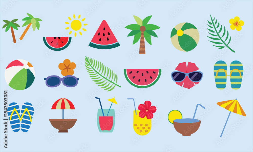 Fototapeta premium Summer beach sticker set with cute tropical elements.