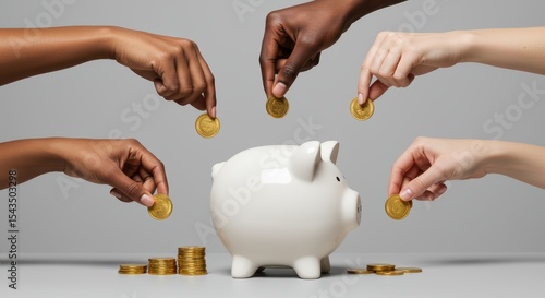 Saving Money Together Collaborative Financial Planning and Diverse Hands Contributing to Piggy Bank