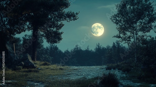 Forest scene at night with full moon