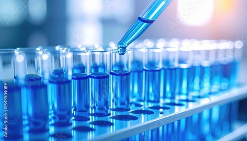 Science Lab Experiment with Pipette: Blue liquid dropped into test tubes in a science lab for research and analysis, symbolizing discovery.
