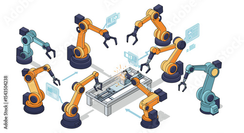 Industrial automation with robotic arms in a factory setting isometric style vector illustration