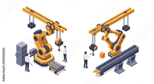 Industrial automation with robotic arms in manufacturing process isometric style vector illustration