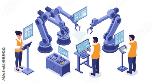 Automation and robotics in industry: team of engineers and programmers managing robotic arms isometric style vector illustration