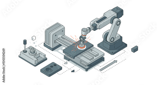 Industrial automation technology with robotic arm and cnc machine in modern manufacturing isometric style vector illustration