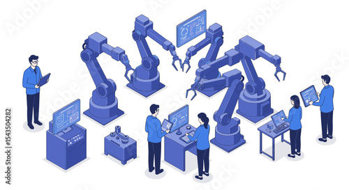 Advanced robotics and automation in industrial manufacturing environment isometric style vector illustration