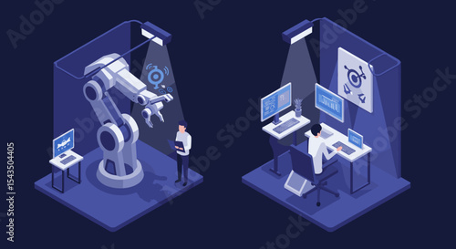 Futuristic robotics engineering and software development for innovative solutions isometric style vector illustration