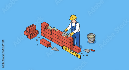 Construction worker building brick wall with tools and safety gear on blue background isometric style vector illustration