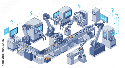 Automated robotic assembly line in a smart factory setting isometric style vector illustration
