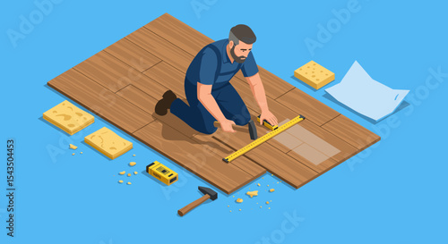 Handyman measuring wood plank for laminate flooring installation on blue background isometric style vector illustration