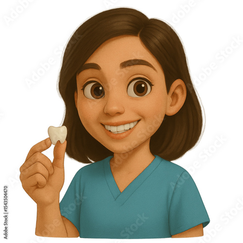 Young girl holding a tooth and smiling while wearing scrubs  