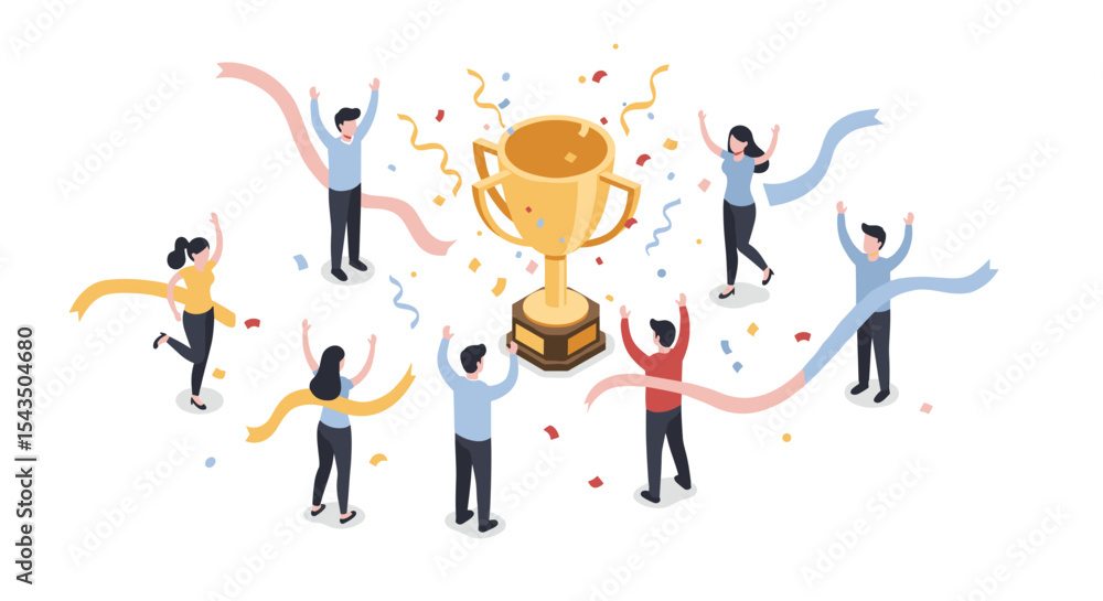 Celebration of achievement with people cheering around a trophy isometric style vector illustration Celebration of achievement with people cheering around a trophy isometric style vector illustration