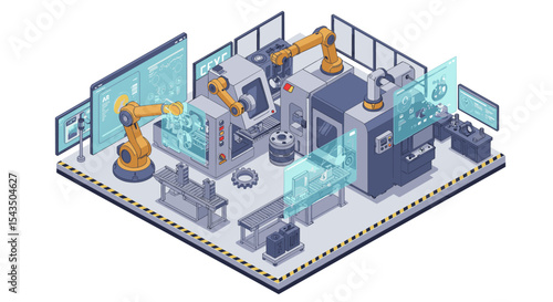 Futuristic automated factory with robotic arms and digital interfaces for manufacturing innovation isometric style vector illustration