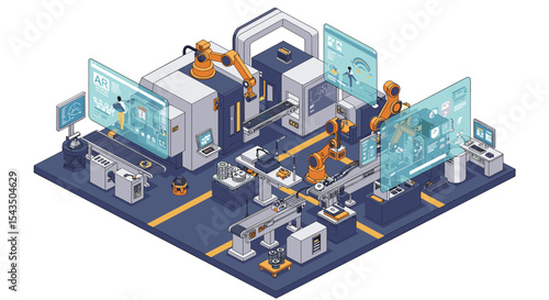 Futuristic automation in modern factory with augmented reality technology for advanced manufacturing systems isometric style vector illustration