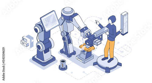 Robotics and automation in manufacturing: enhancing efficiency and innovation isometric style vector illustration