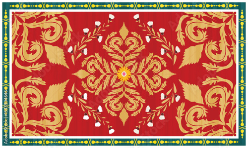 The green border carpet pattern has a pattern arranged in a row and in the middle of the gold there are beautiful flowers arranged in an orderly manner. fabric patterns, vectors, red background