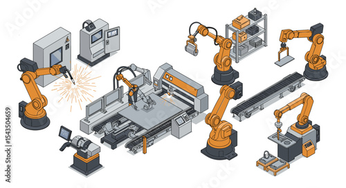 Industrial automation scene with robotic arms and manufacturing equipment for production design isometric style vector illustration