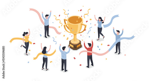 Celebration of achievement with people cheering around a trophy isometric style vector illustration