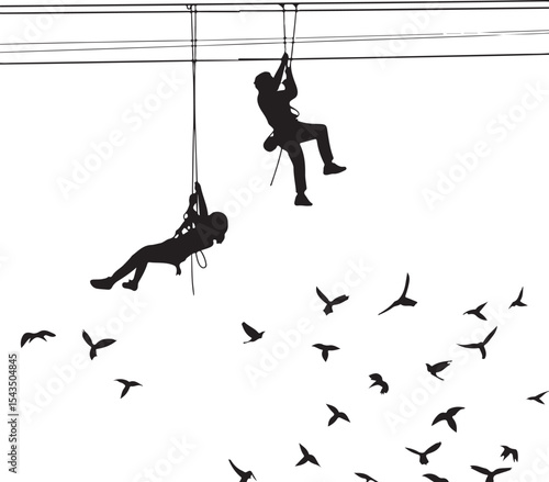 Climber Rappelling Down Cliff Silhouette

Extreme Rappelling Action Vector Scene

Mountain Rappelling Gear Silhouette Design

Rappeller Hanging on Rock Face Vector Art

Vertical Descent Adventure Silh