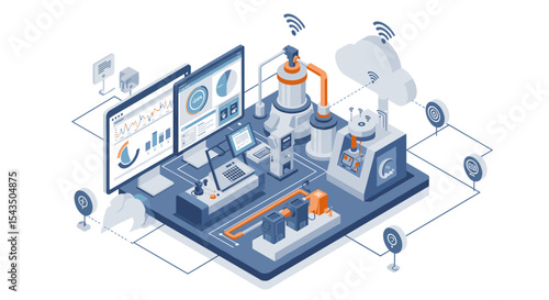 Advanced industrial automation and data integration for efficient manufacturing isometric style vector illustration