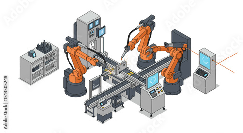 Automated robotic assembly line in modern industrial manufacturing facility isometric style vector illustration