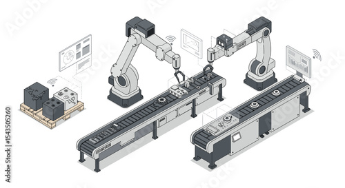 Robotic assembly line automation with industrial robotic arms and conveyor system isometric style vector illustration