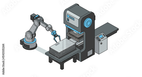 Automated robotic arm operating a high-tech industrial machine for manufacturing efficiency isometric style vector illustration