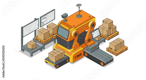 Automated warehouse robot with boxes for efficient logistics and inventory management isometric style vector illustration