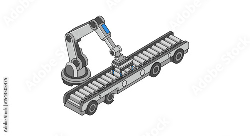 Automated manufacturing process with robotic arm and conveyor system for industrial production isometric style vector illustration