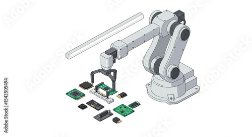 Robotic arm assembling computer components in futuristic technology setting isometric style vector illustration