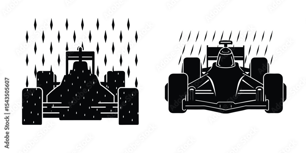 Obraz premium Concept showing a Formula 1 car on the grid in rain Silhouette on White Background