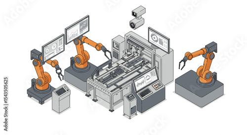 Advanced robotics in manufacturing automation technology isometric style vector illustration