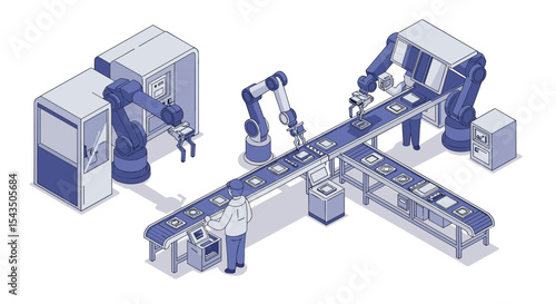 Industrial automation and robotics in manufacturing: efficient production line solutions isometric style vector illustration