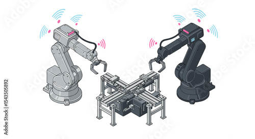 Robotic arms in industrial automation concept with wireless connectivity for innovative manufacturing solutions isometric style vector illustration