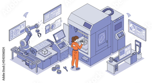 Advanced manufacturing technology with robotic arm in modern factory setting isometric style vector illustration