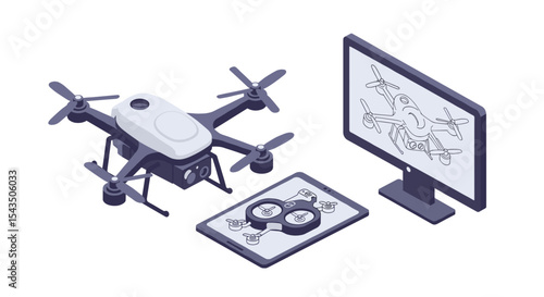 Isometric drone design with tablet and computer screen for technology and innovation concepts isometric style vector illustration