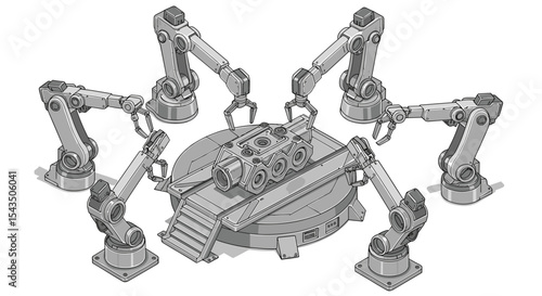 Futuristic robotic arms assembling machine in industrial setting concept isometric style vector illustration