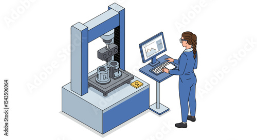 Engineer operating testing machine for metal components in laboratory setting isometric style vector illustration